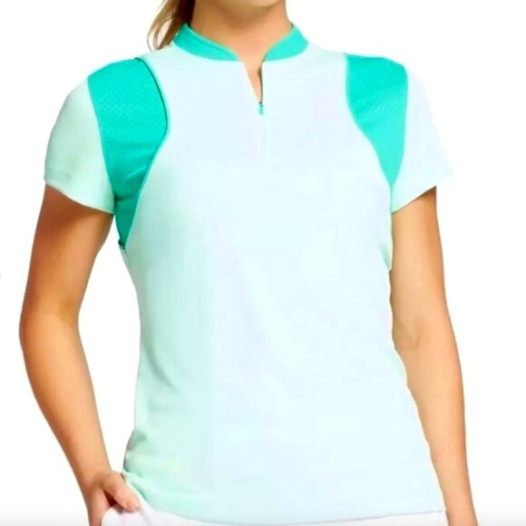 Slazenger Hydro-Dri Tech Perforated 1/4 Zip Short Sleeve Polo, Frosted Mint XL - Picture 2 of 7